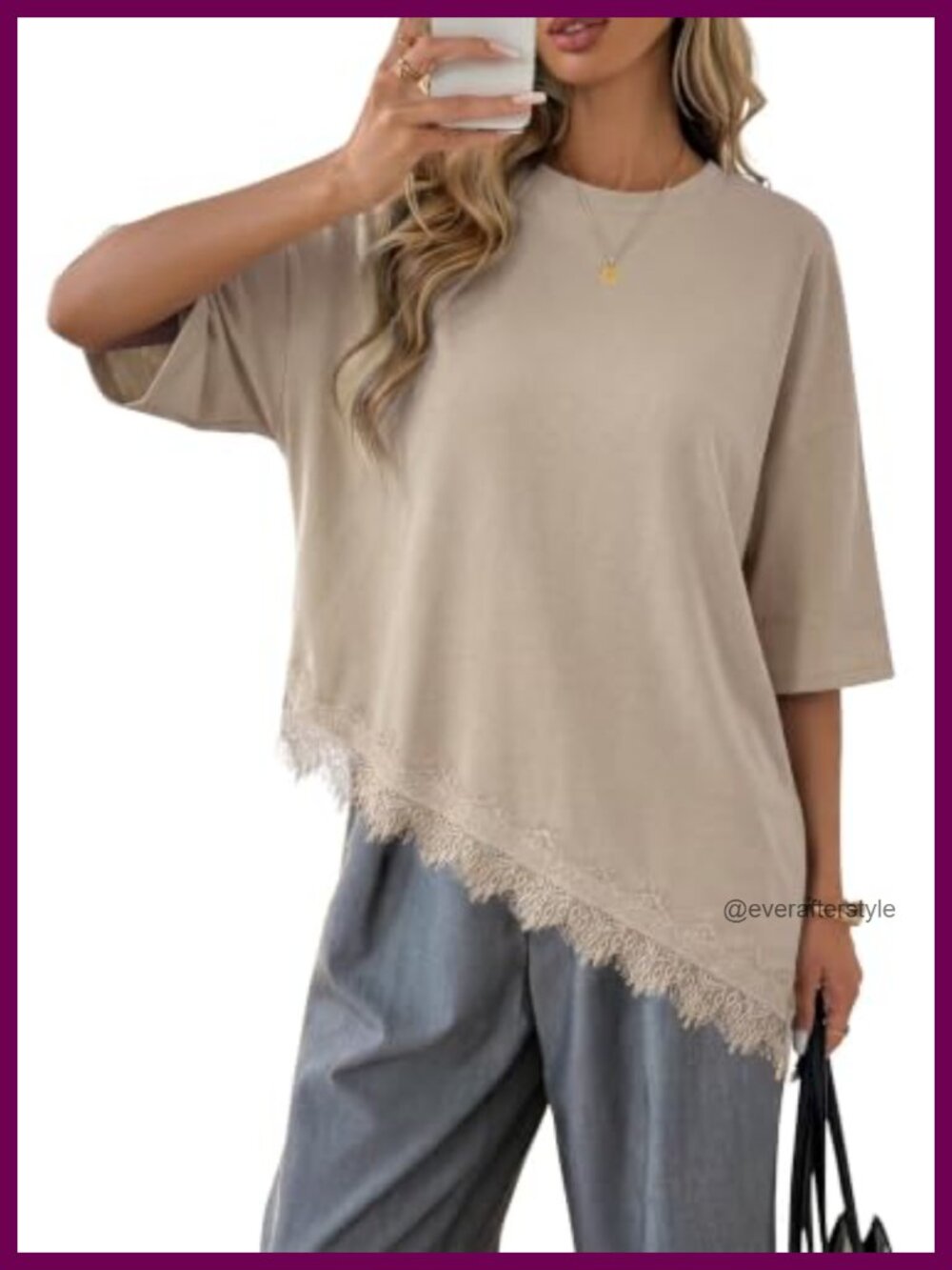 Womens Tunic Top 3/4 Sleeve Lace Asymmetrical Hem Blouse Loose Fit